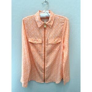 MICHAEL KORS | Orange Paisley Silky Long Sleeve Zip Up Blouse | Medium